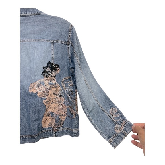 VTG Chico Designer Embroidered Lace Denim Statement Jean Jacket size 0 - Picture 7 of 12